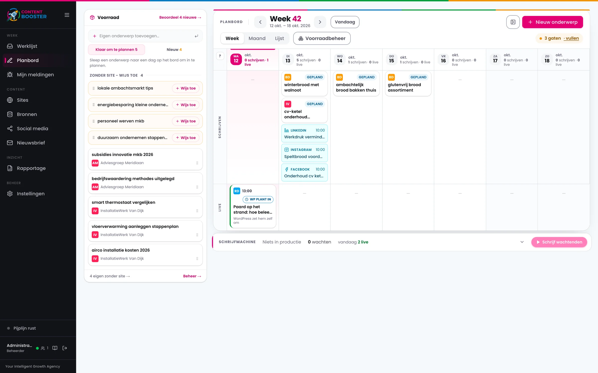 Het planbord: links de voorraad met onderwerpen per klant, rechts de week met per dag de blogs en social-posts die gepland staan.