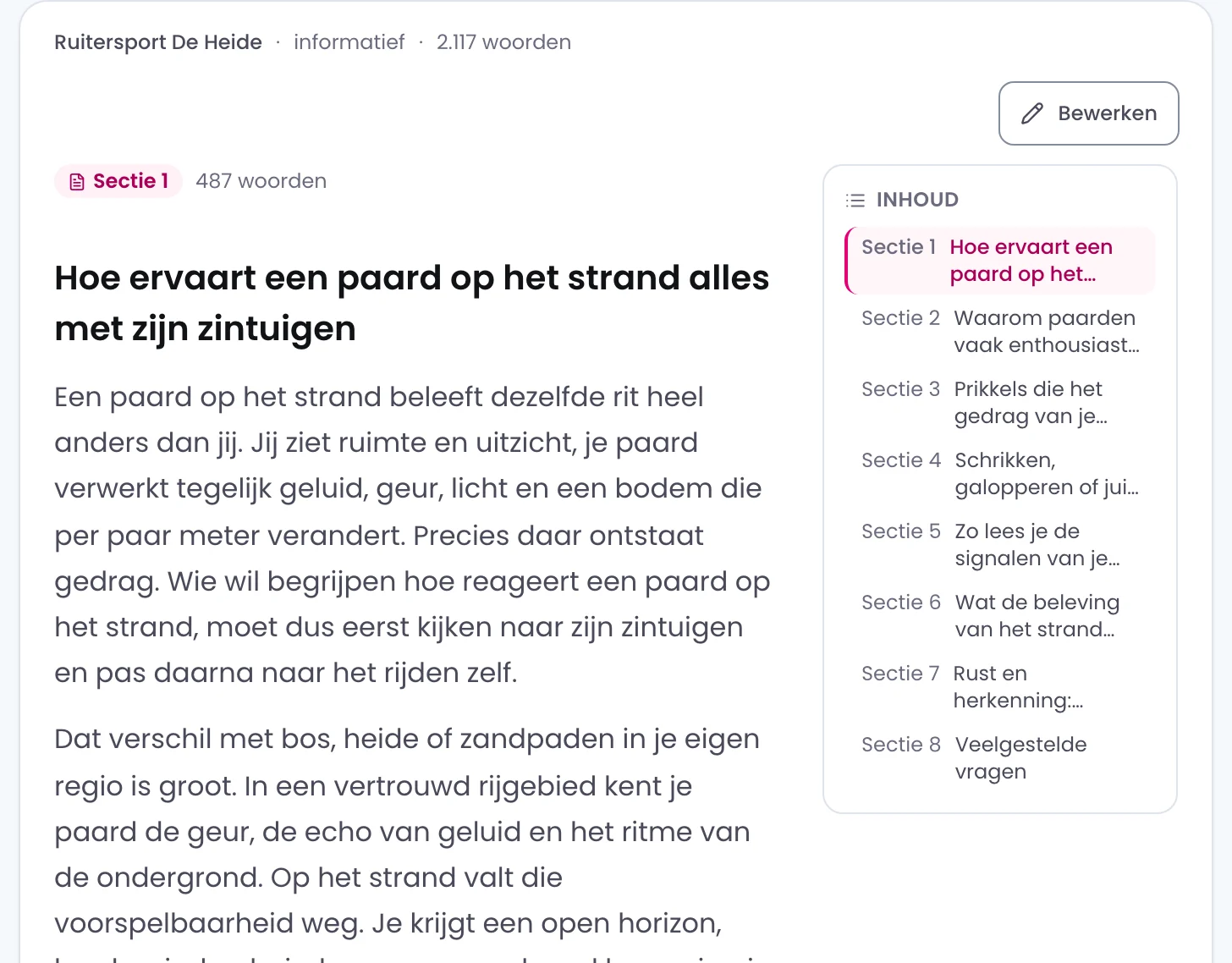 De geschreven tekst in de app: de eerste sectie van 487 woorden en de inhoudsopgave met acht secties.