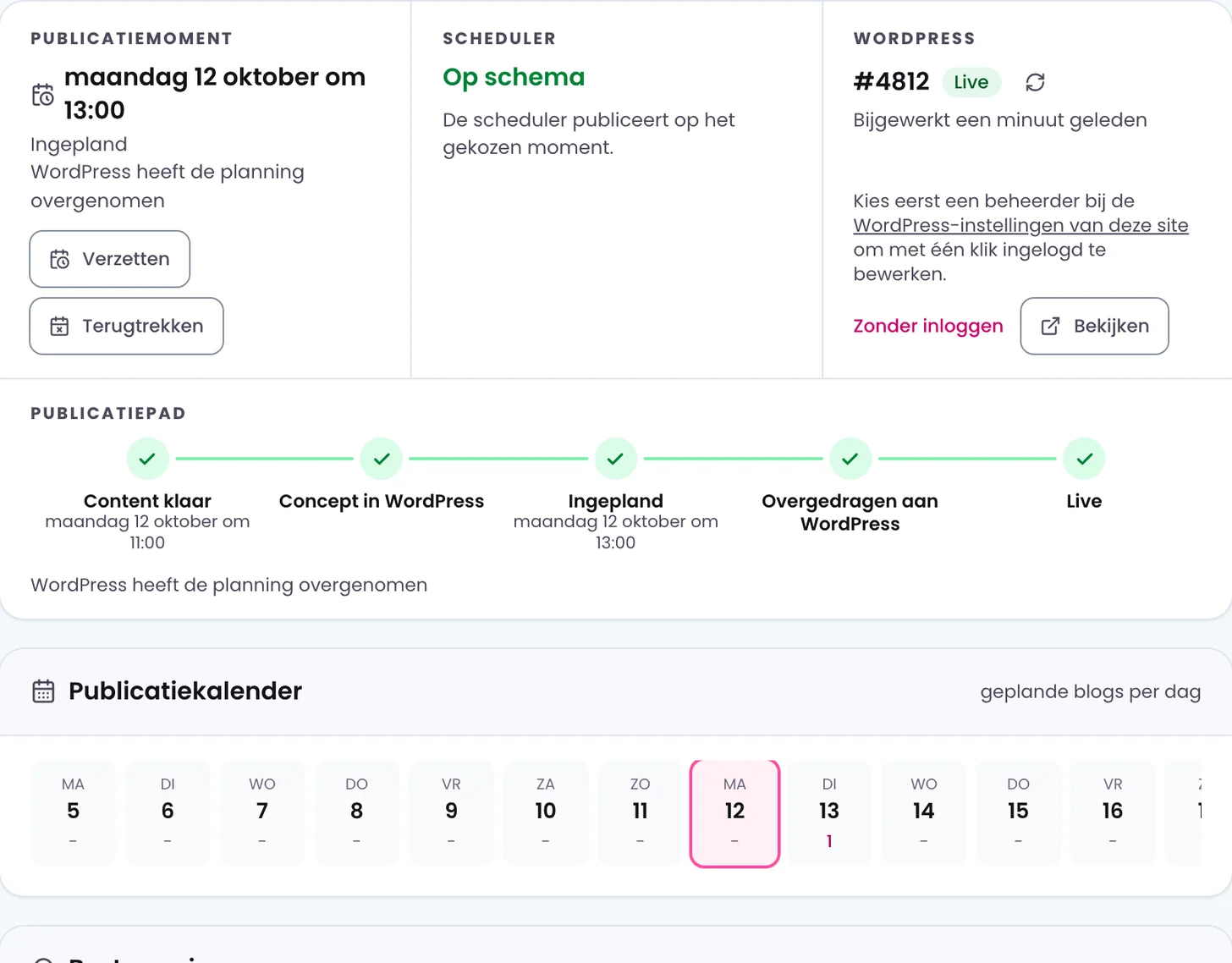 Het publicatiemoment, de scheduler op schema, de WordPress-post met status Live en het volledig afgevinkte publicatiepad.