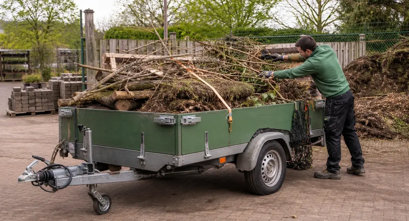 Featured image bij een klantblog: een man laadt snoeiafval op een groene aanhanger