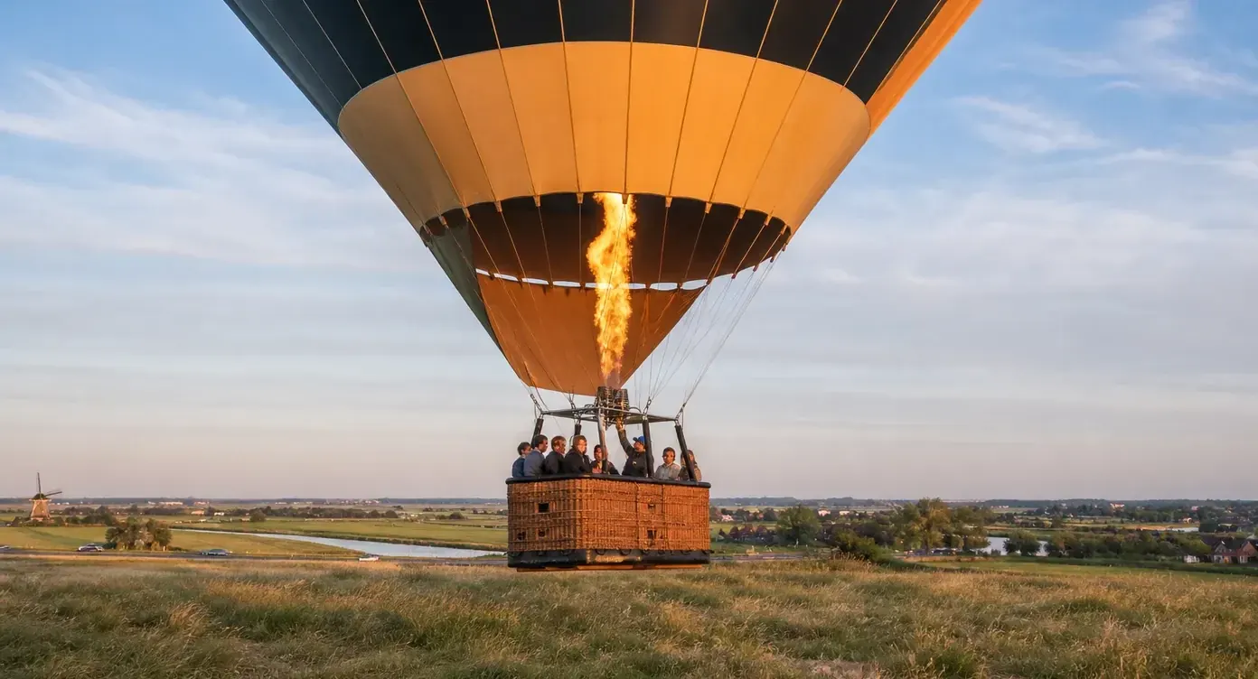 Featured image bij een klantblog: een luchtballon met brandende vlam vlak boven een weiland