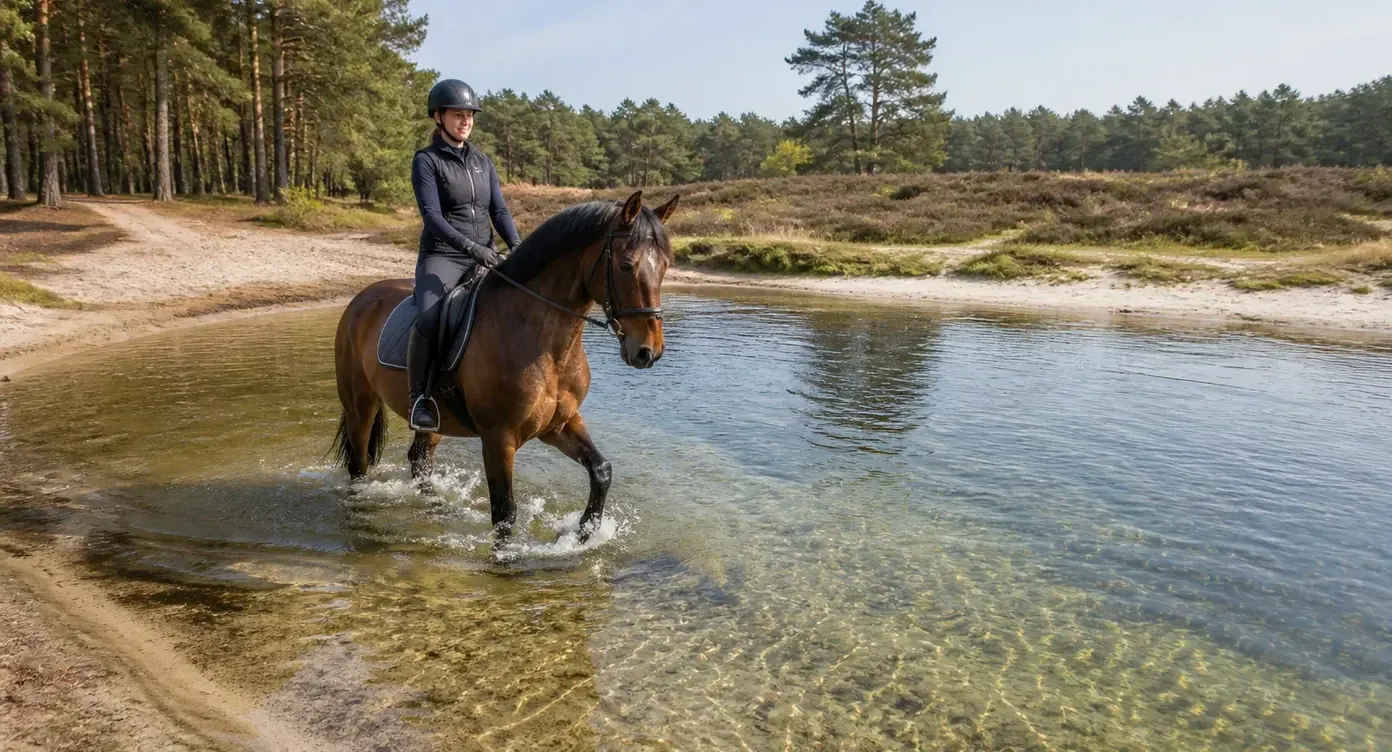 Featured image bij een klantblog: een ruiter te paard in ondiep water tussen dennen
